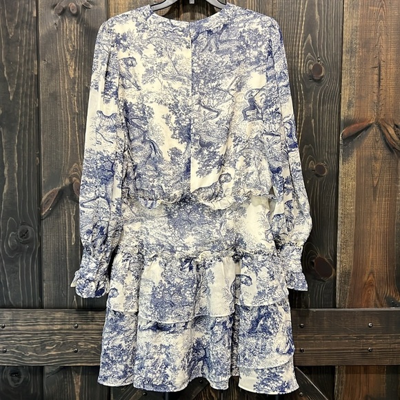Moodie Wilderness Print Mini Dress M Toile Boho Nature Tiered Balloon Sleeves - Picture 8 of 13